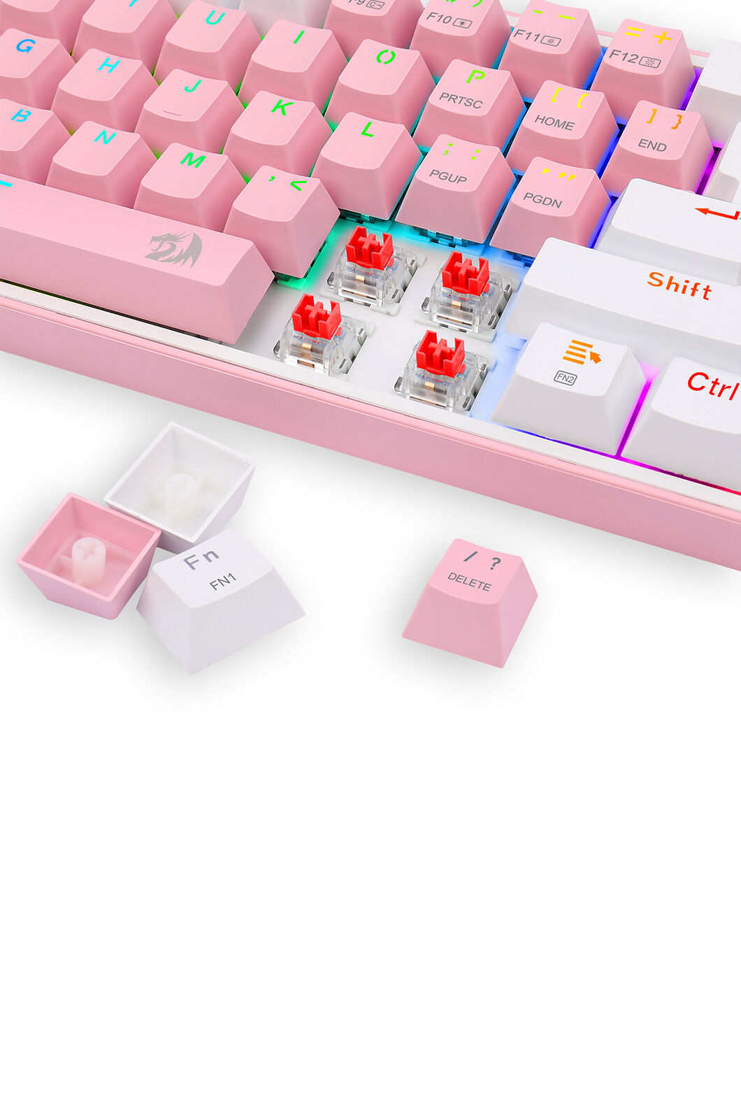 REDRAGON - Redragon K616-RGB Fizz Pro Pink/White 60% Tri-Mode Wireless Mechanical Gaming Keyboard - pink-white