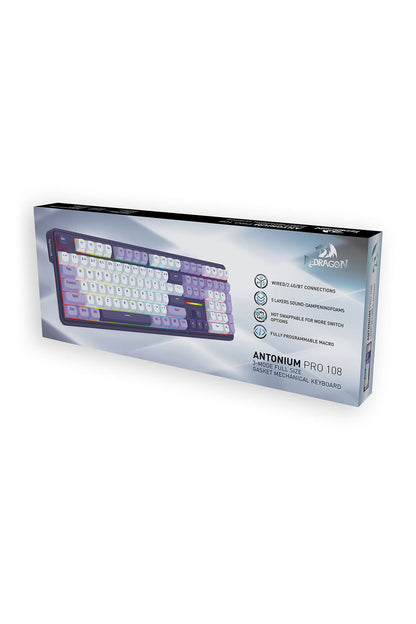 REDRAGON - Redragon K745WP RGB PRO ANTONIUM Blue/Purple 108 Keys Gasket Tri-Mode Mechanical Keyboard - white-purple